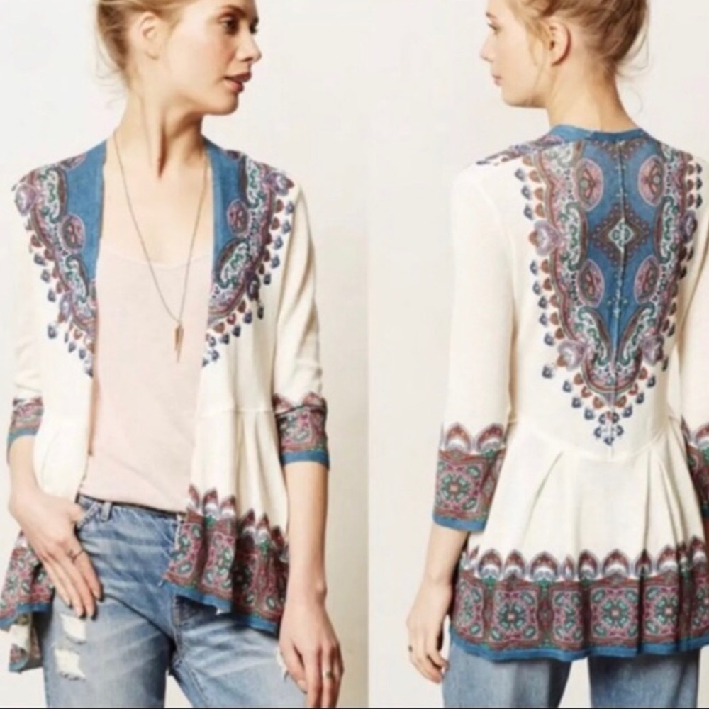Anthropologie knitted & knotted Paisley Linen Cardigan